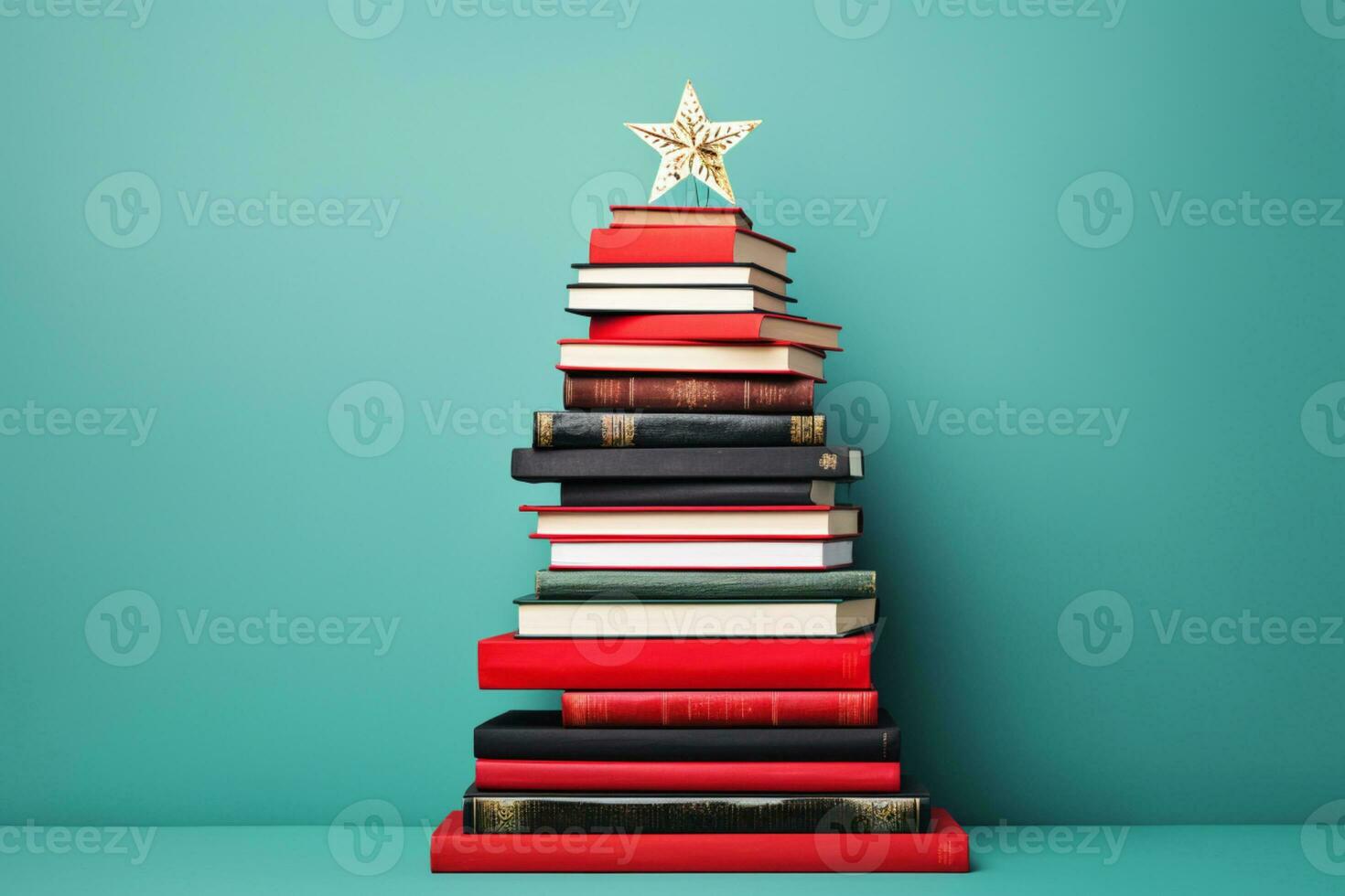 ai généré Noël arbre fabriqué de livres sur vert Contexte photo