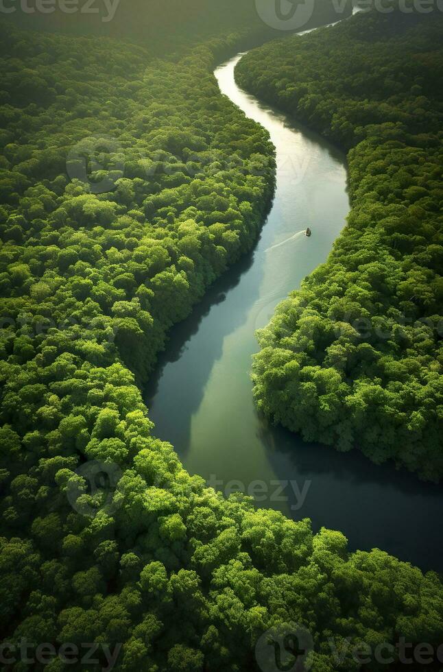ai généré aérien vue de le amazonas jungle paysage avec rivière plier. génératif ai photo
