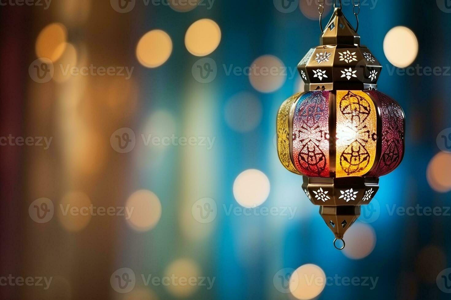 ai généré coloré pendaison arabe lanterne embrasé pour musulman saint mois Ramadan kareem photo