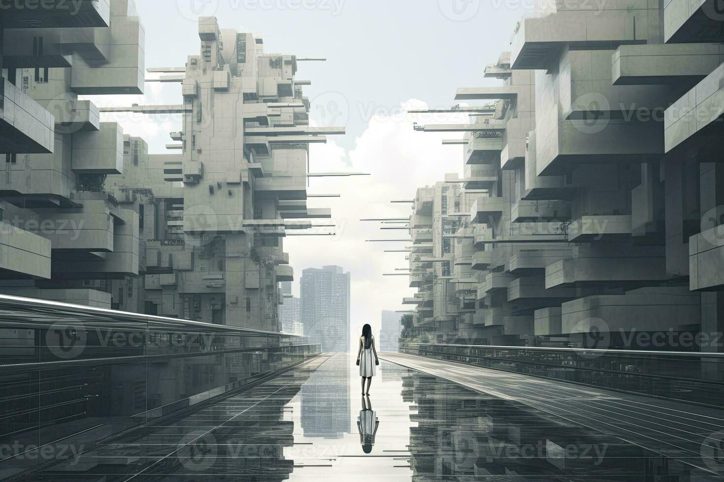 ai généré femme en marchant dans futuriste brutaliste ville rue. ai généré. photo