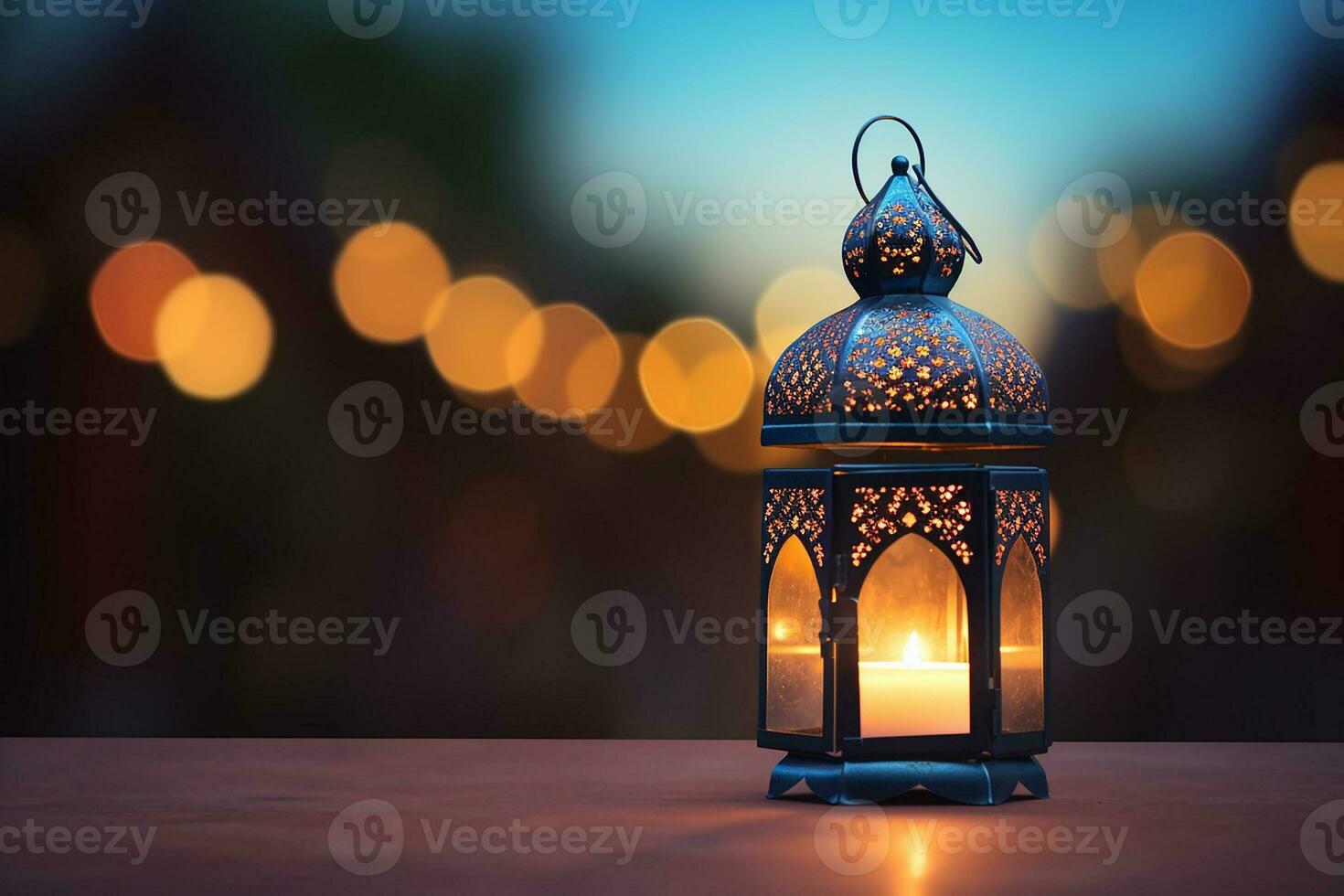ai généré ornemental arabe lanterne embrasé sur table pour musulman saint mois Ramadan kareem photo