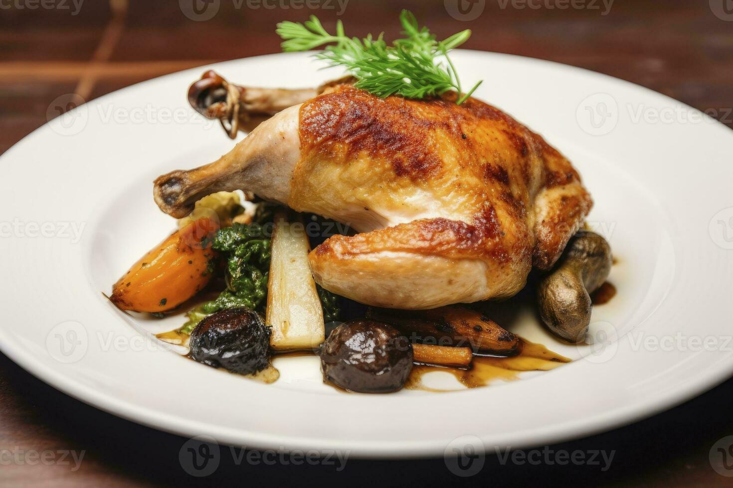 ai généré plaqué poulet rôti dîner sur une blanc assiette avec carotte et morille champignon. ai généré. photo