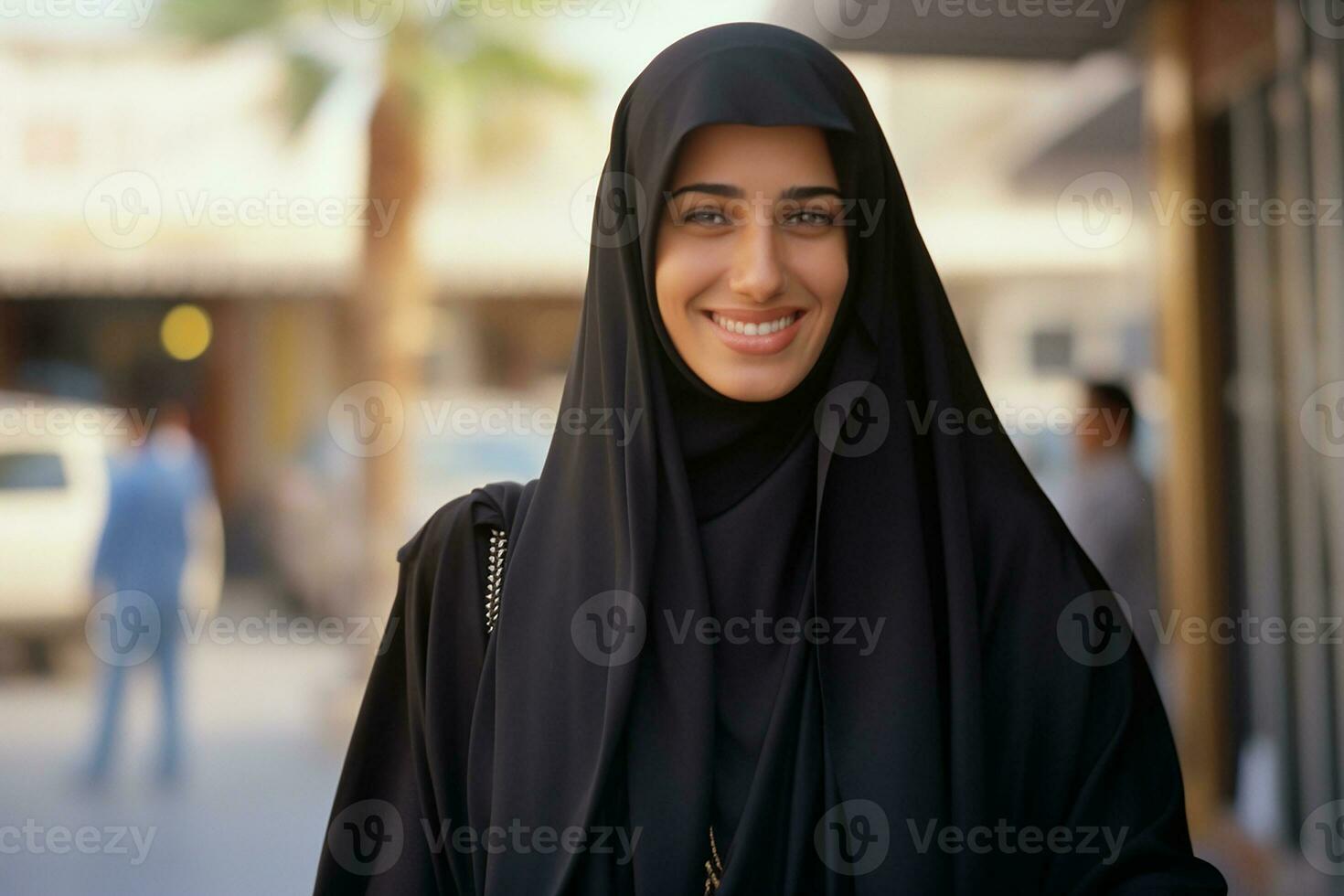 ai généré portrait de une magnifique musulman femme portant hijab posant en plein air génératif ai photo