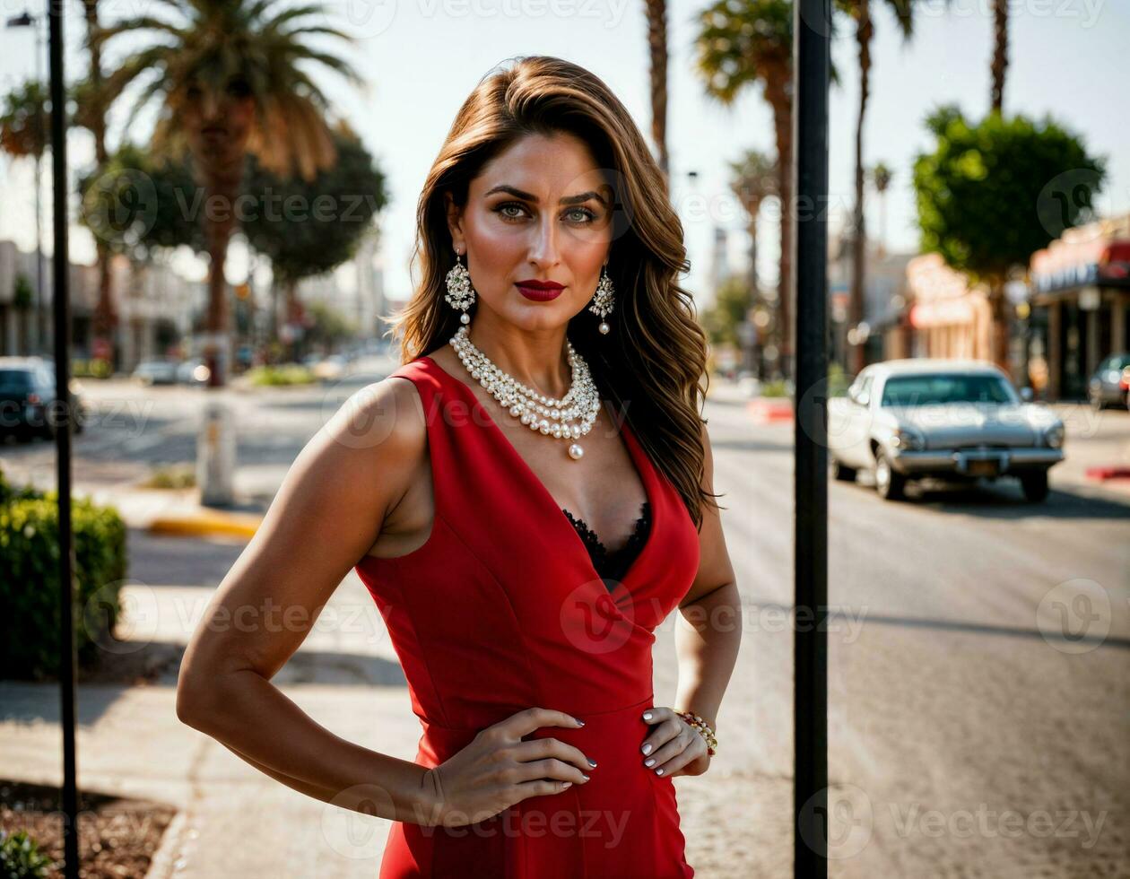 ai généré photo de magnifique Indien femme avec rouge Sans manches costume et perle Collier permanent à le chaussée ville, génératif ai
