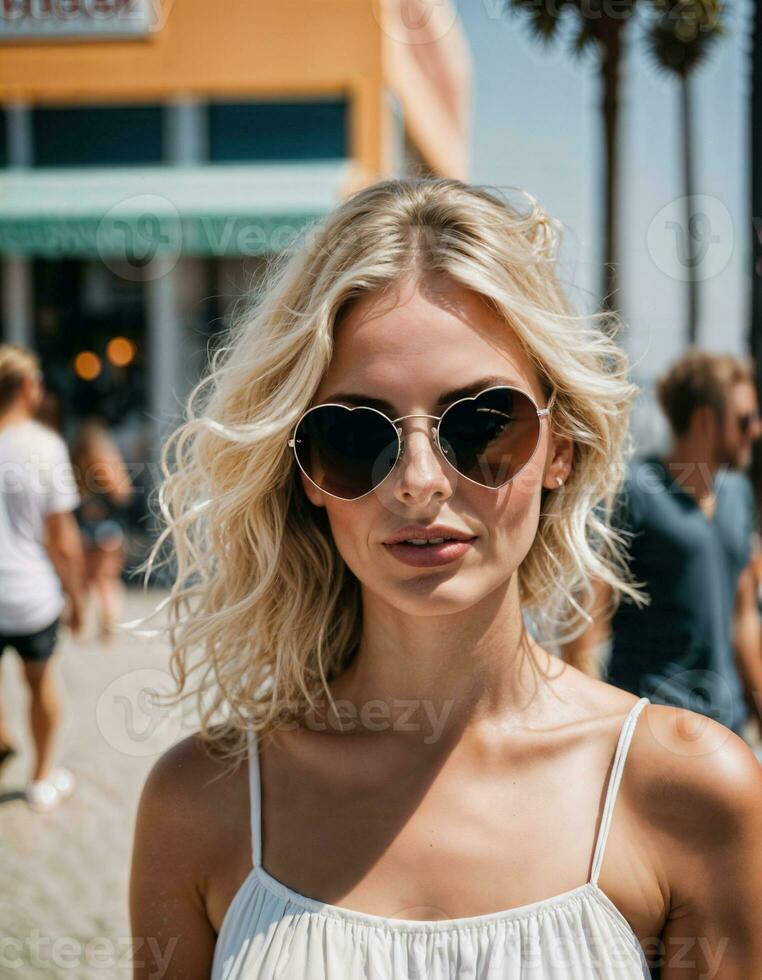 ai généré photo de magnifique femme avec des lunettes de soleil et blond cheveux à le sable plage ville rue, génératif ai