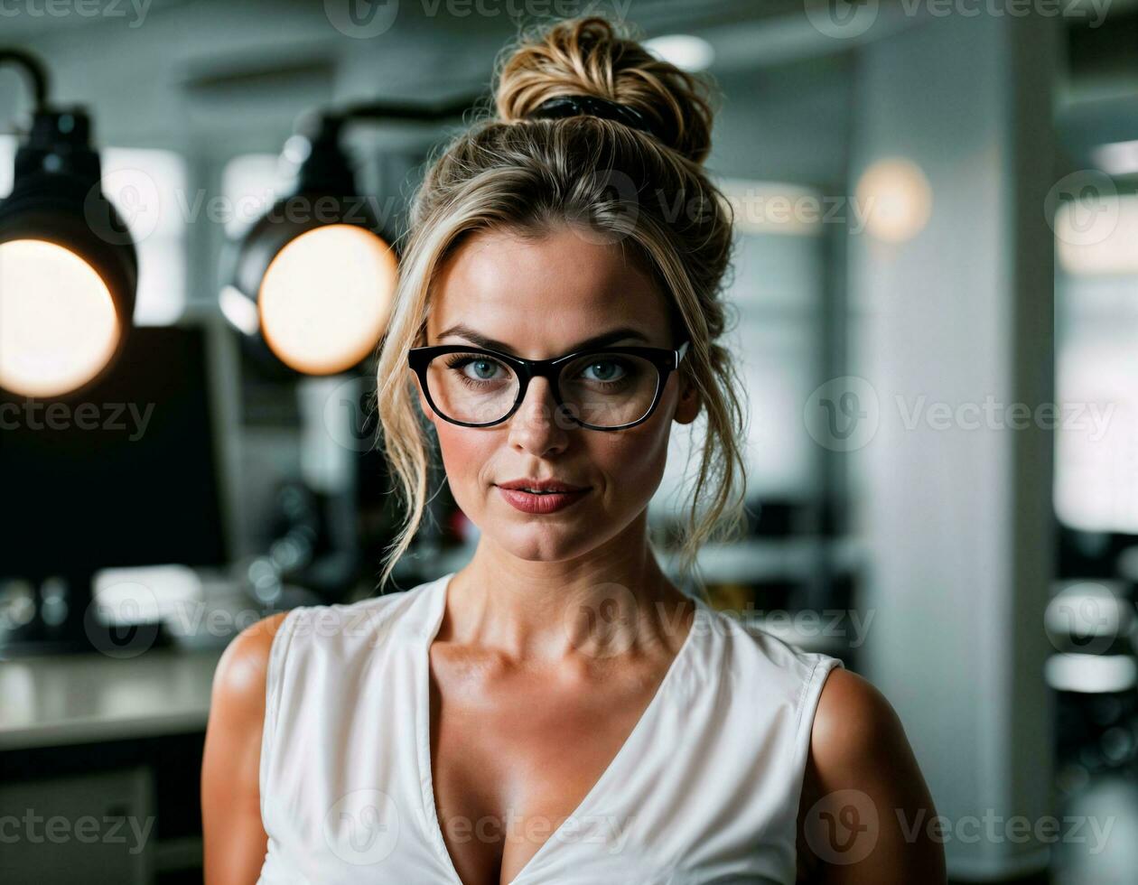 ai généré photo de magnifique femme avec blond cheveux et blanc chemise Haut et des lunettes comme une Bureau secrétaire permanent à le bureau, génératif ai