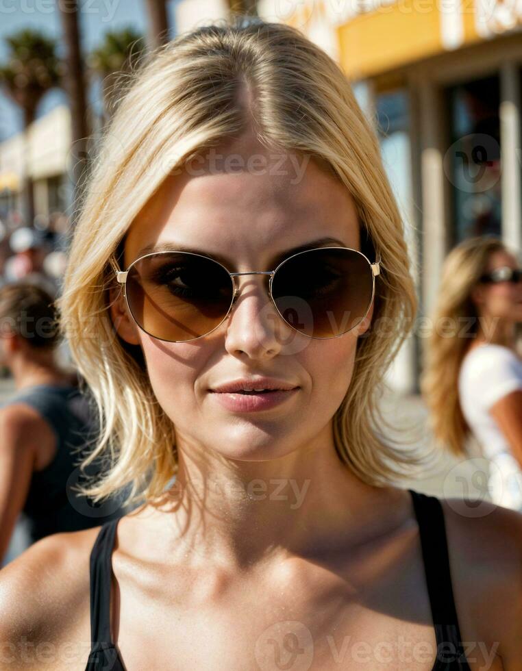 ai généré photo de magnifique femme avec des lunettes de soleil et blond cheveux à le sable plage ville rue, génératif ai
