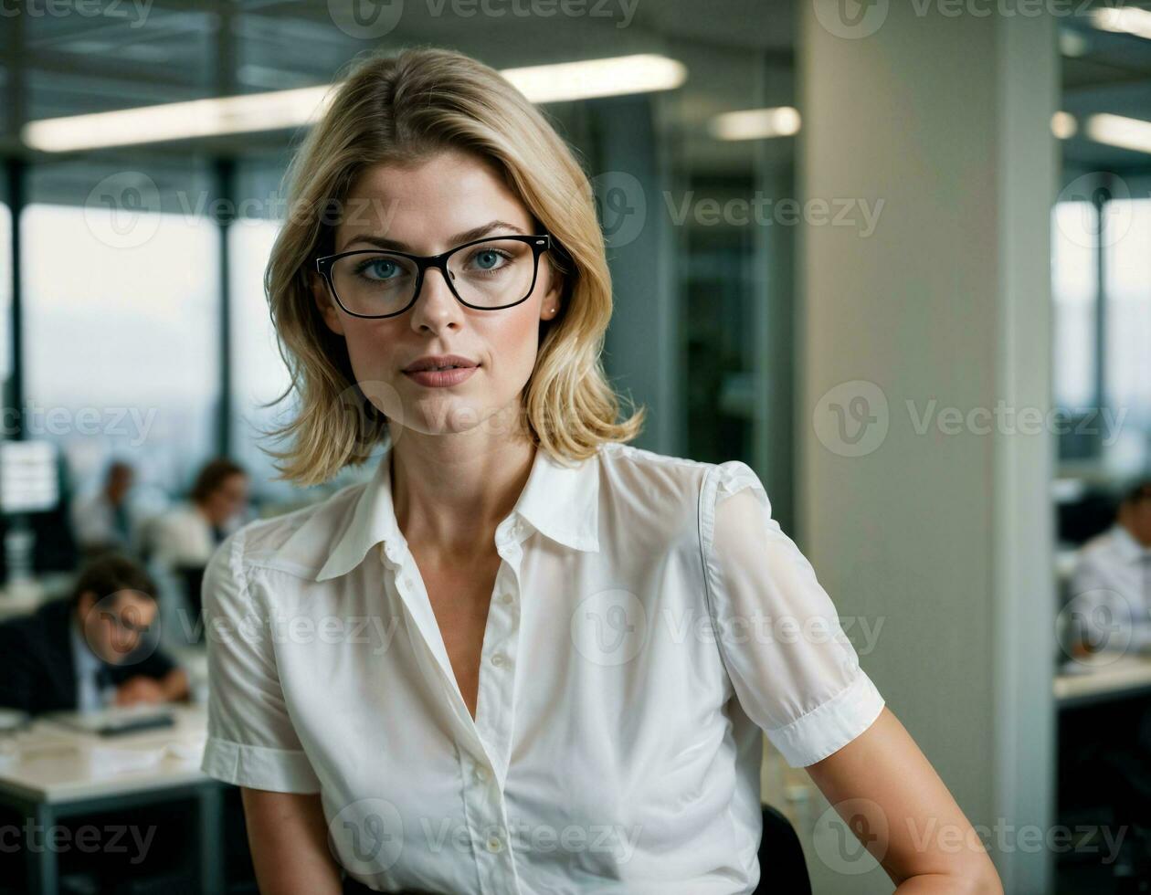 ai généré photo de magnifique femme avec blond cheveux et blanc chemise Haut et des lunettes comme une Bureau secrétaire permanent à le bureau, génératif ai