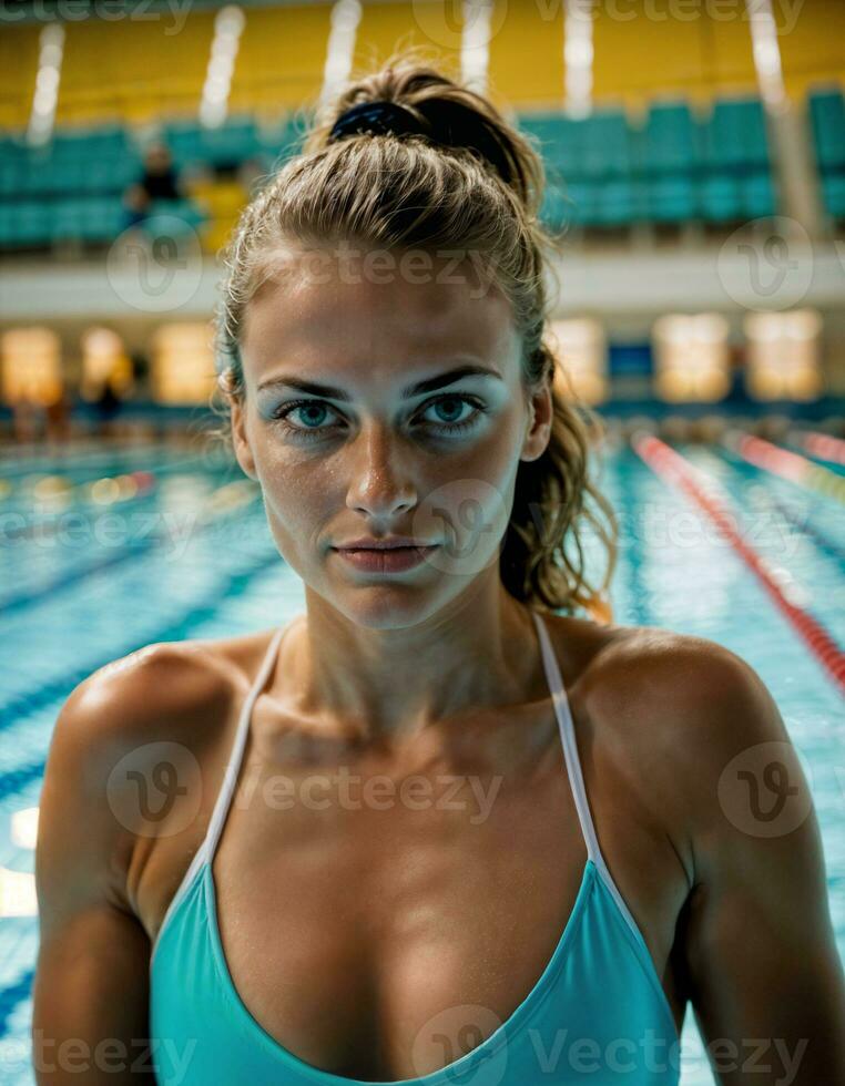 ai généré photo de magnifique femme comme une nageur athlète avec nager costume à nager piscine, génératif ai