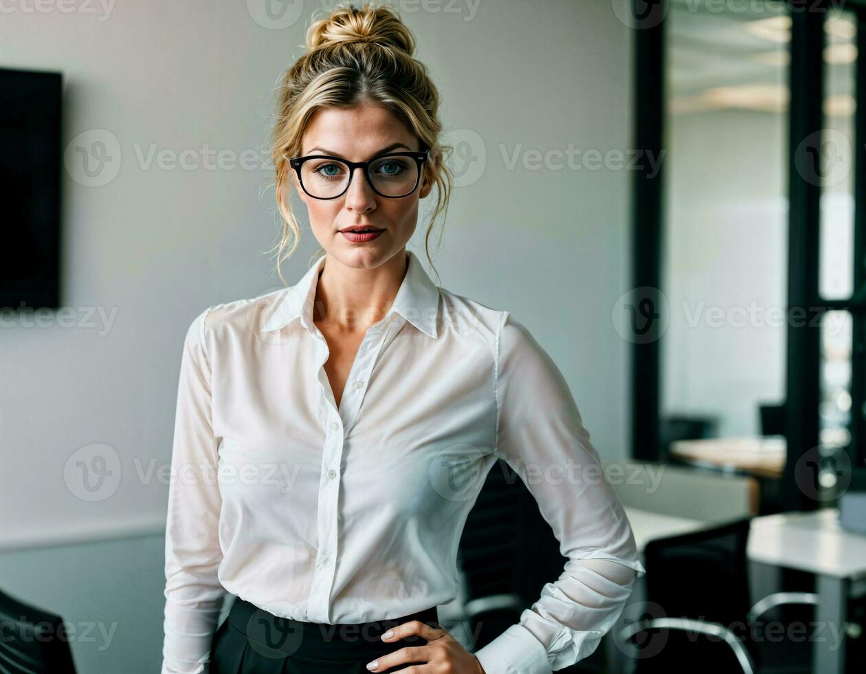 ai généré photo de magnifique femme avec blond cheveux et blanc chemise Haut et des lunettes comme une Bureau secrétaire permanent à le bureau, génératif ai