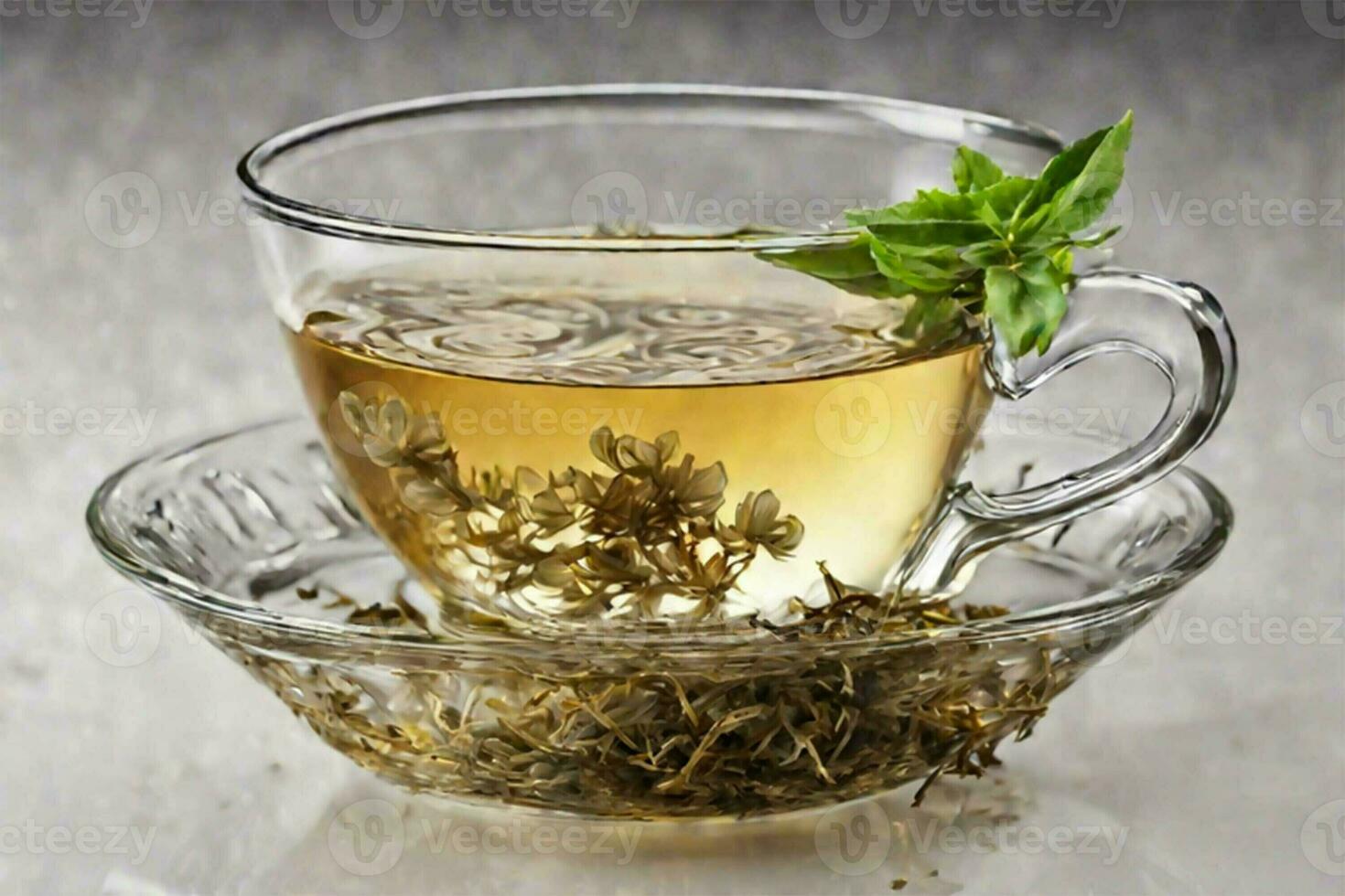 ai généré chaud thé avec magnifique thé feuilles est versé dans une verre tasse sur une soucoupe. tasse avec noir thé et à base de plantes feuilles sur une gris Contexte. photo
