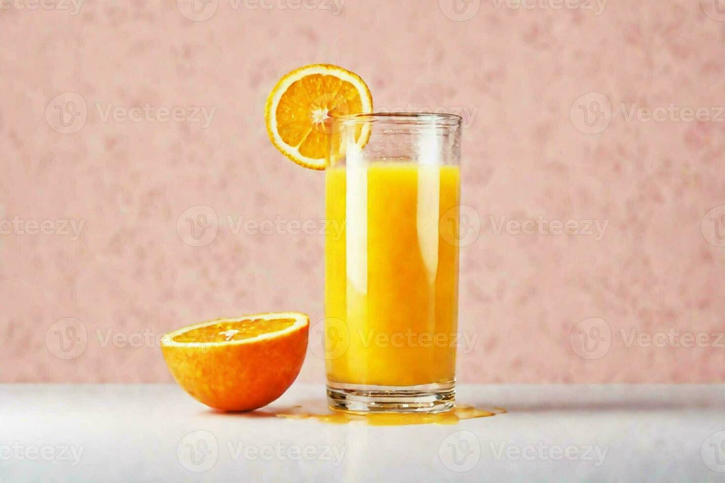 ai généré mûr des oranges et une verre de fraîchement pressé Orange jus sur une rose Contexte. Frais saisonnier agrumes des fruits, Naturel jus. photo