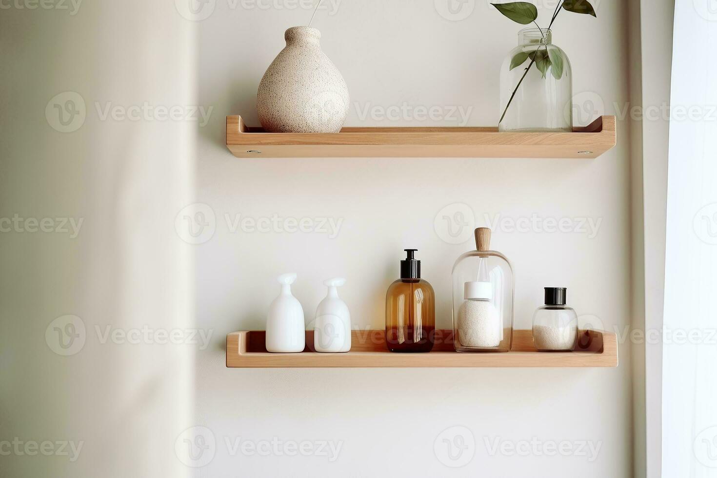 une détaillé coup de une minimaliste salle de bains étagère, orné avec soigneusement organisé essentiel et décoratif éléments génératif ai photo
