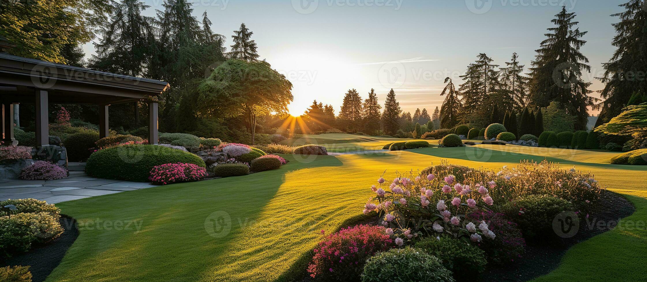 ai généré parc Extérieur manucuré pelouse et parterre de fleurs à lever du soleil vue photo