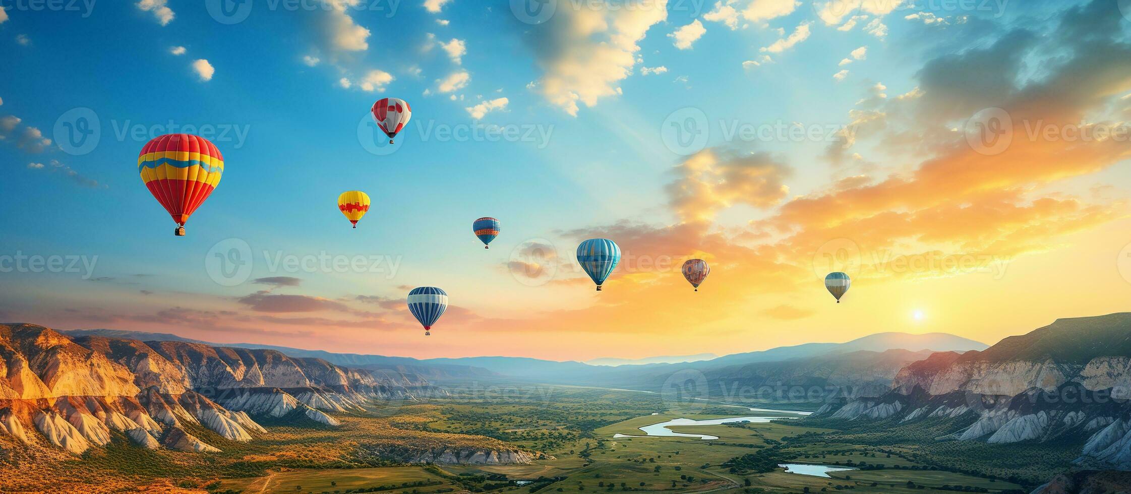 ai généré coloré chaud air des ballons en volant plus de Montagne photo