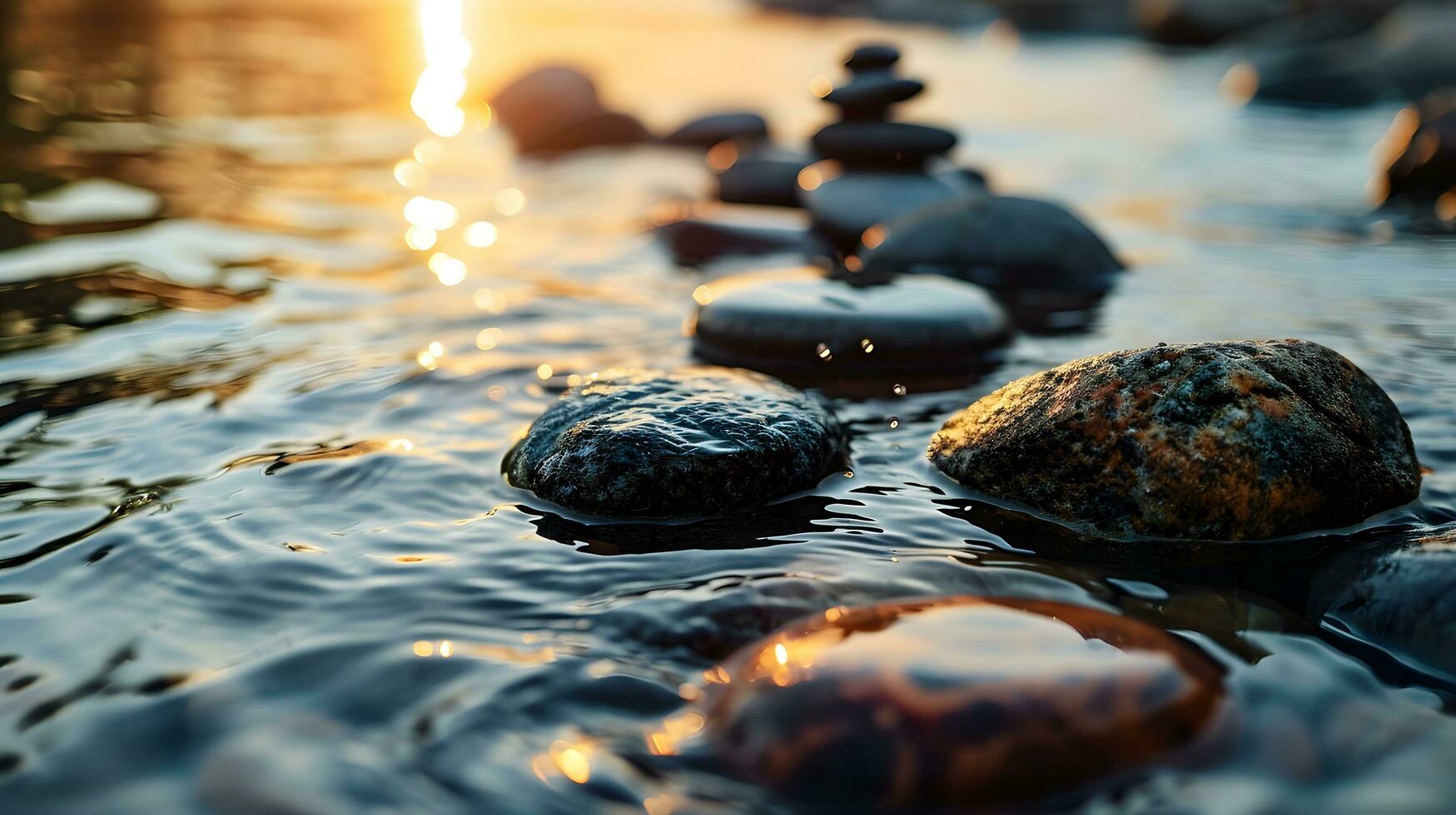 ai généré paisible lit de rivière des pierres à d'or heure photo