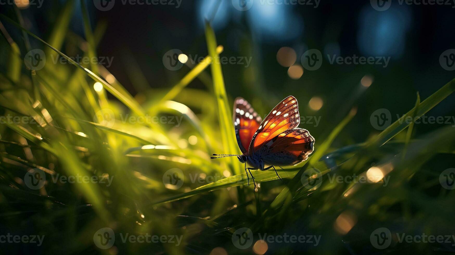 ai généré papillon dans le herbe Prairie à nuit génératif ai photo