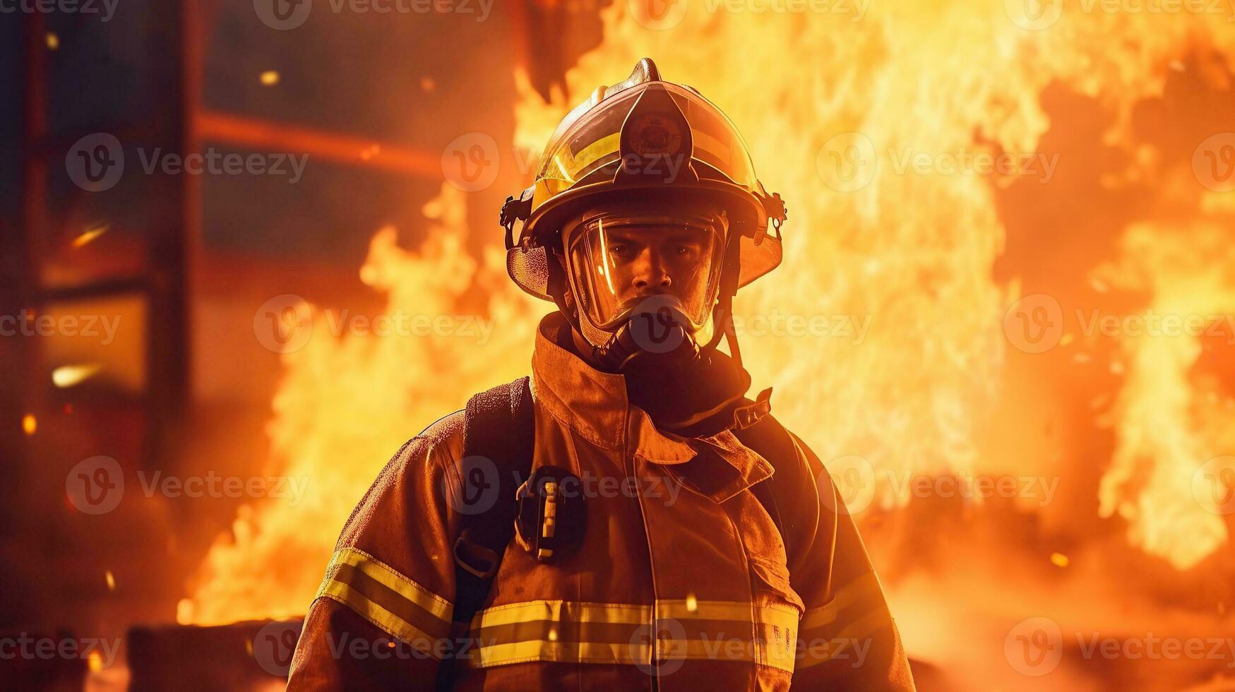 ai généré sapeur pompier travaux dans brûlant bâtiment pompier sur flamme Contexte génératif ai photo