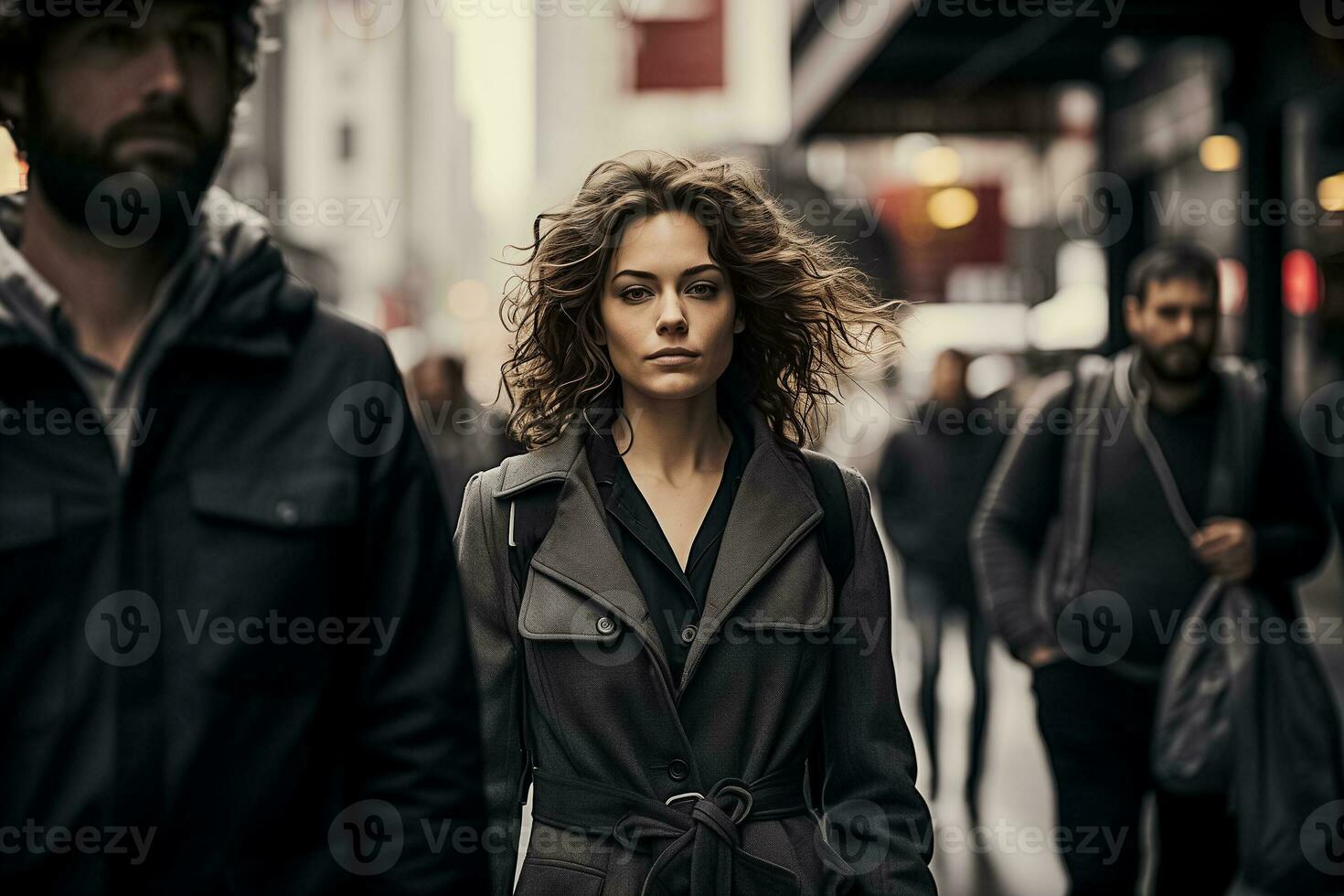 ai généré Urbain foulée, sur de soi femme, occupé rue photo