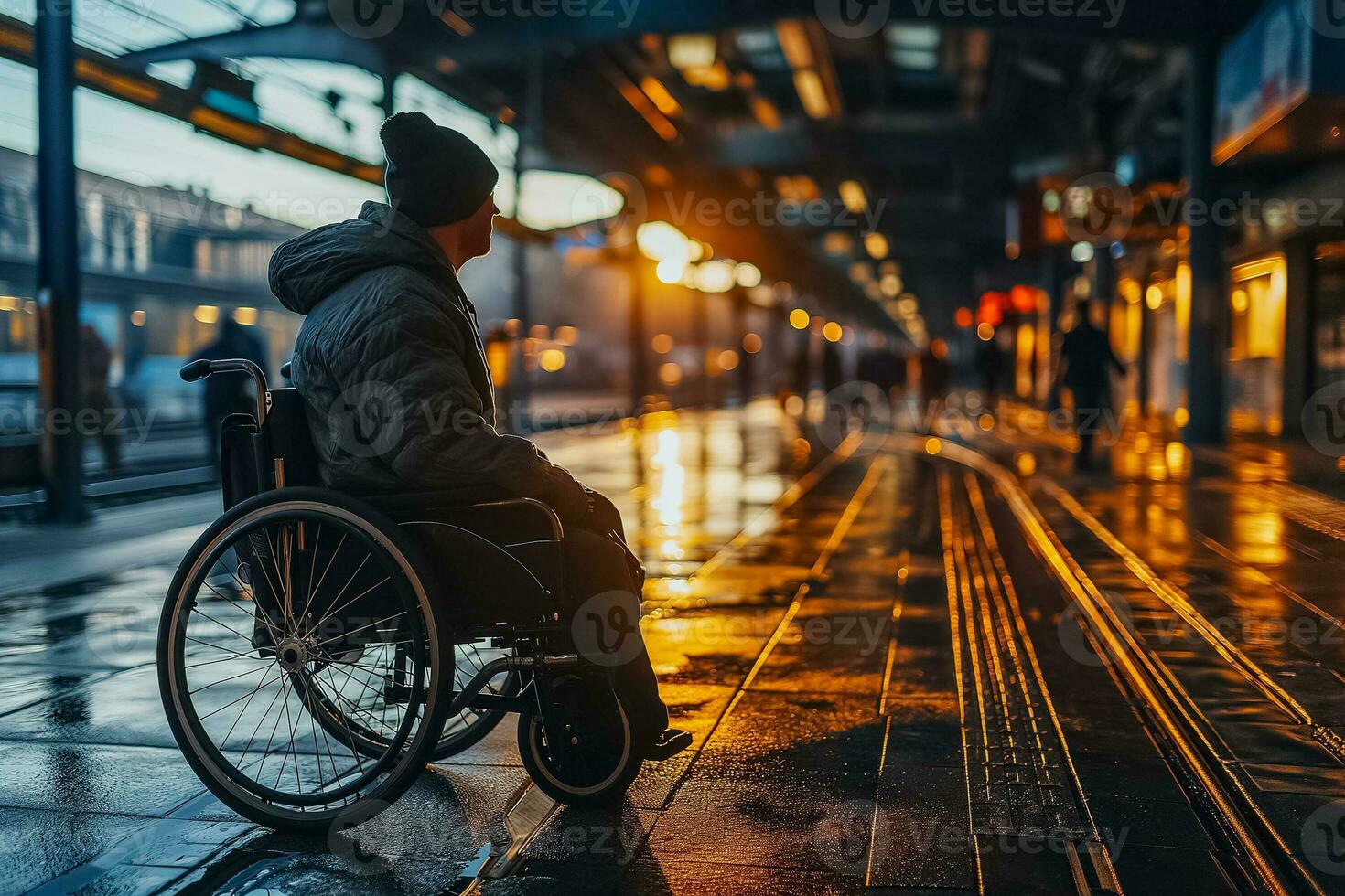 ai généré fauteuil roulant banlieusard attend train dans pluie photo