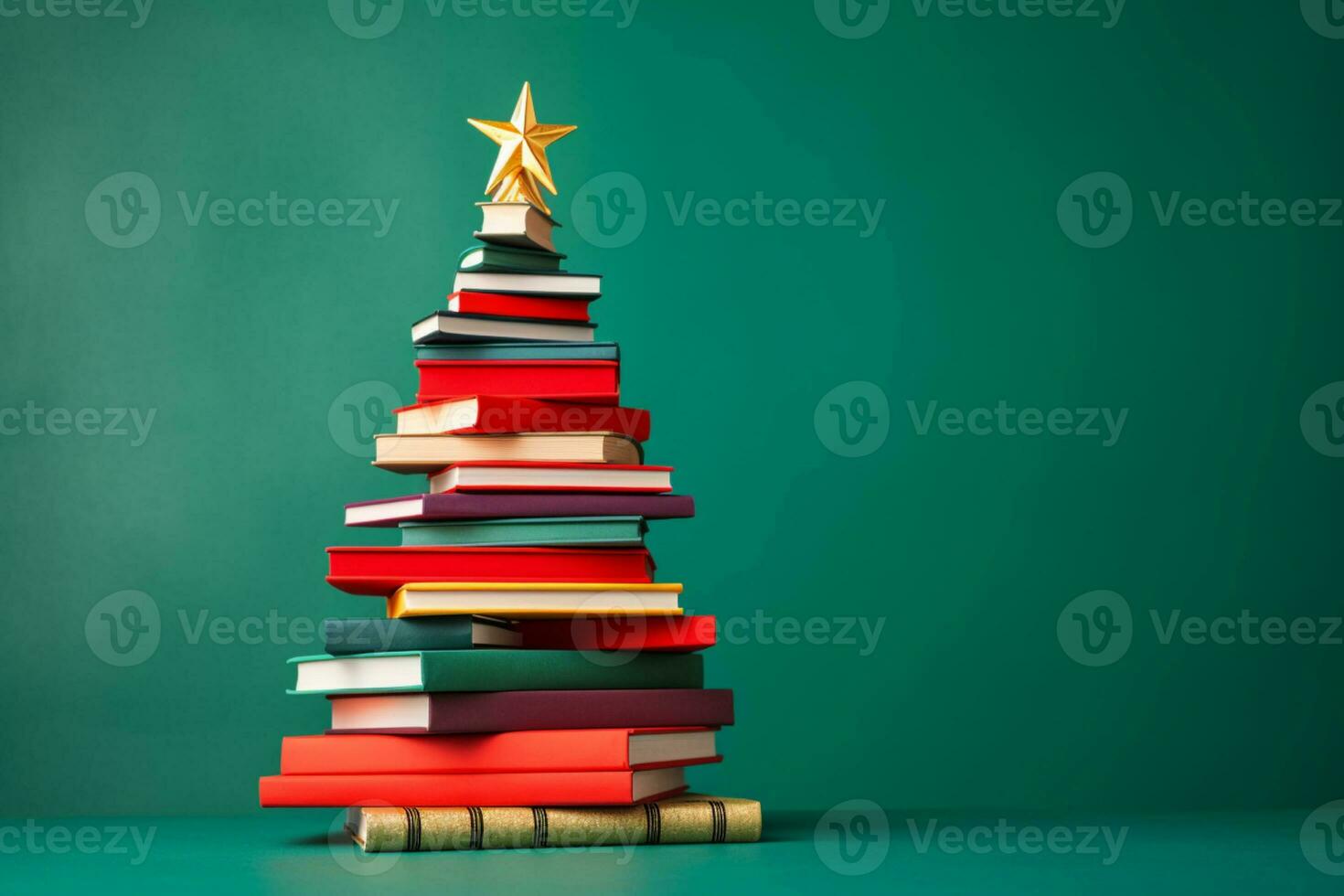 ai généré Noël arbre fabriqué de livres sur vert Contexte photo