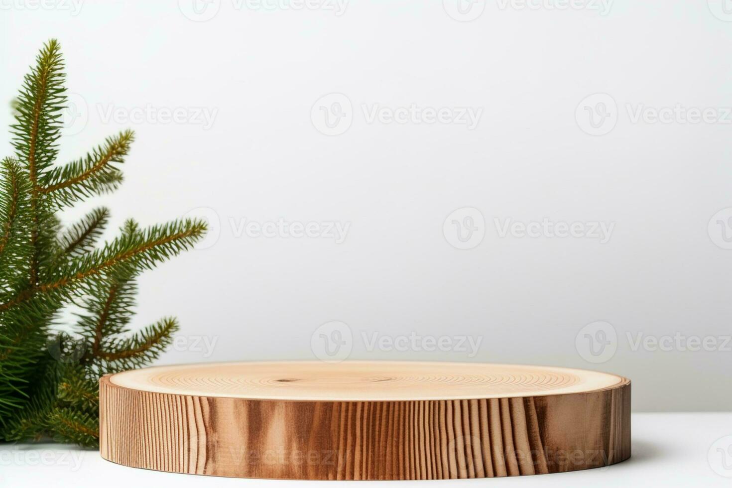 ai généré Noël élégant et Naturel podium avec arbre étape afficher maquette avec branches lumineuses de épicéa pin photo