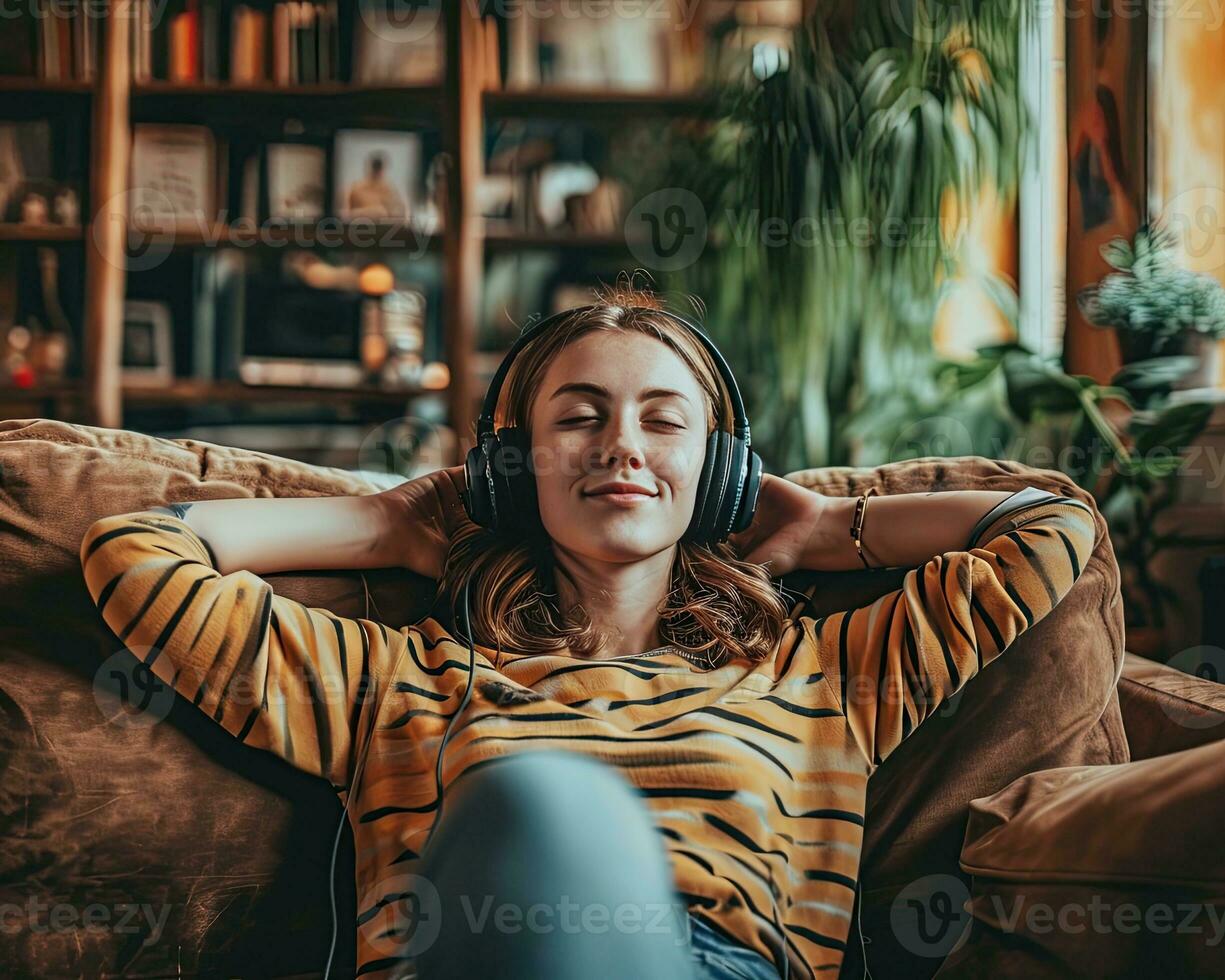 ai généré content femme dans casque de musique et écoute à musique, podcast, livre audio. photo