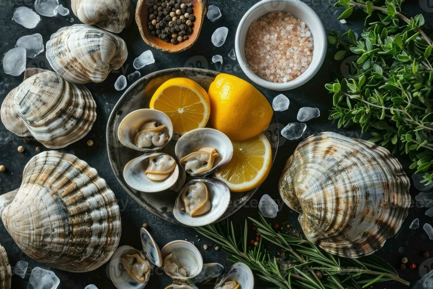 ai généré à la vapeur bébé palourdes dans le cuisine table professionnel La publicité nourriture la photographie photo