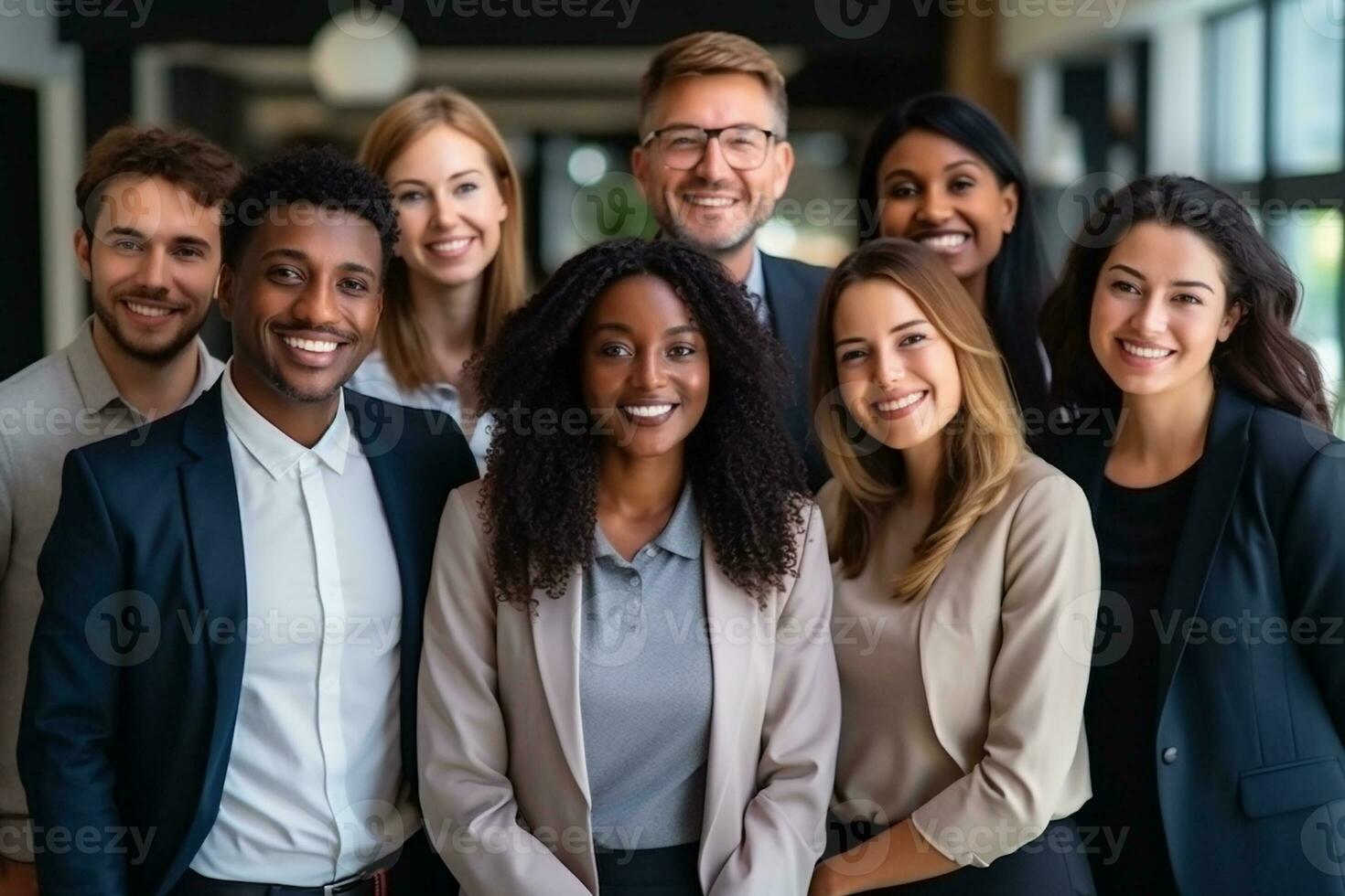 ai généré moyen coup smiley affaires équipe dans moderne Bureau photo