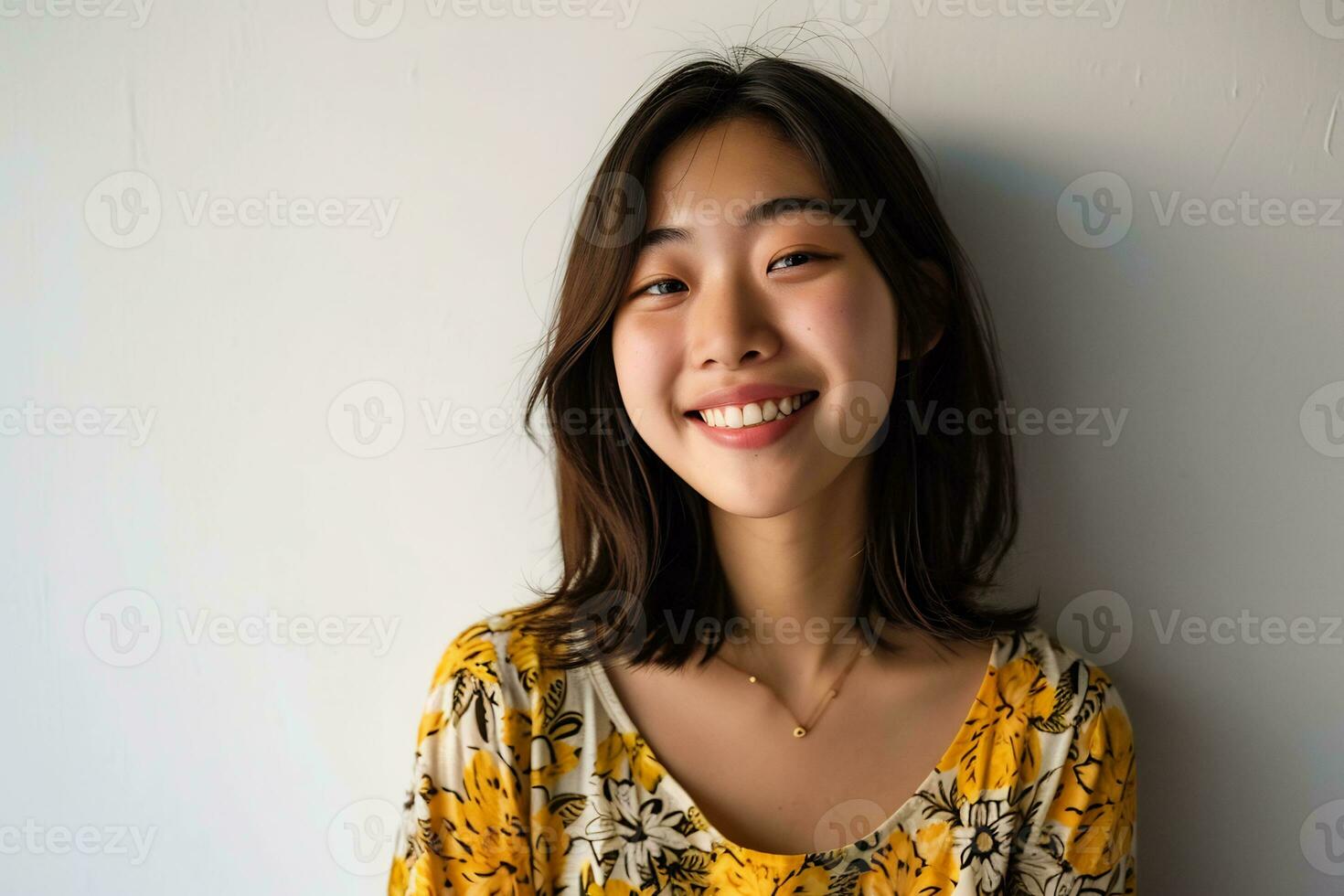 ai généré asiatique femme un clin d'oeil à caméra souriant joyeux permanent blanc mur photo