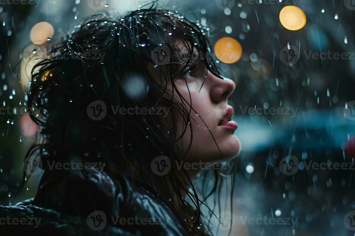 ai généré une femme pris dans une pluie torrentielle le gouttes de pluie brillant sur sa cheveux et vêtements photo