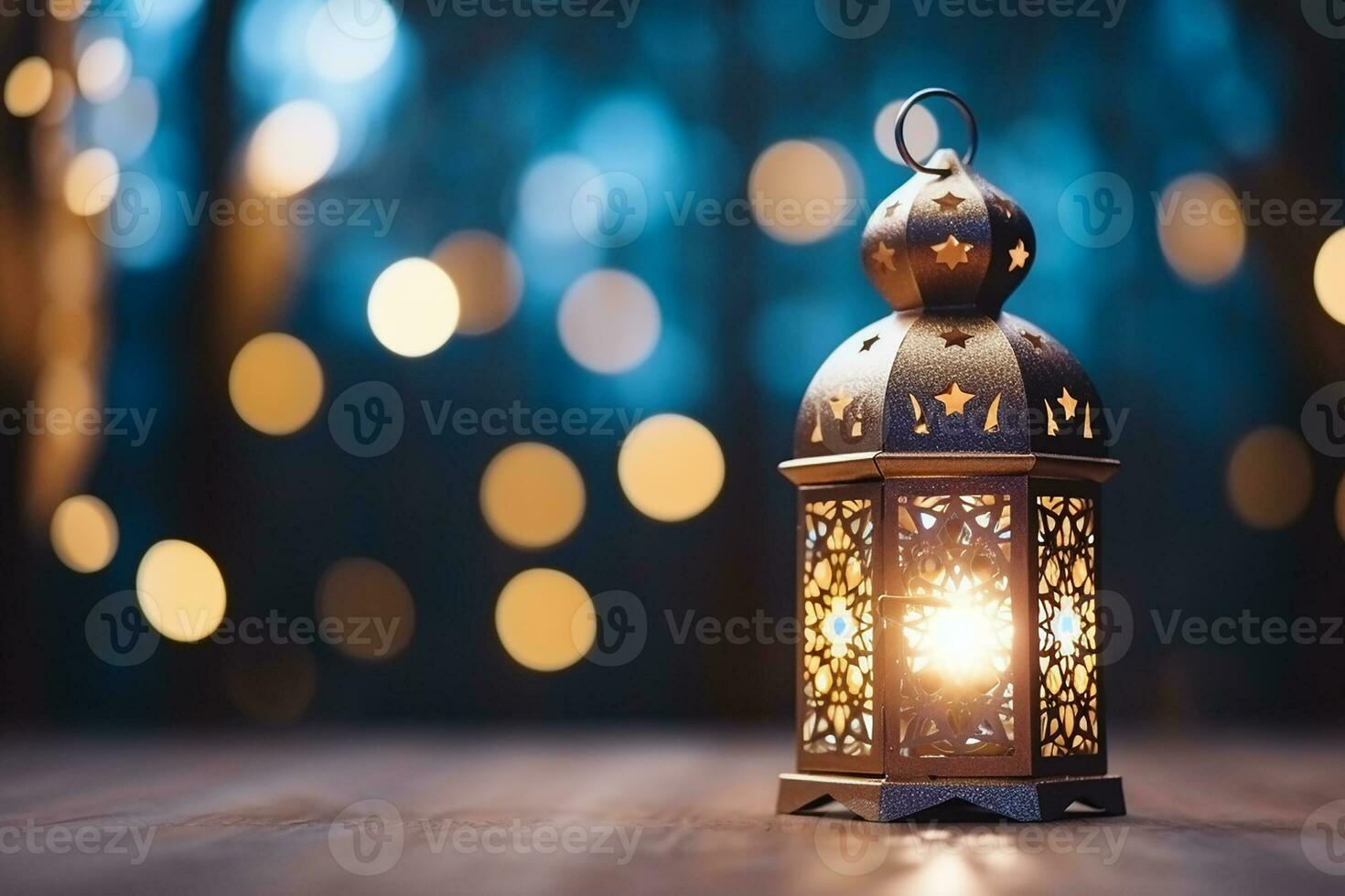 ai généré eid décoratif traditionnel les lampes sur bokeh Contexte sur en bois table photo