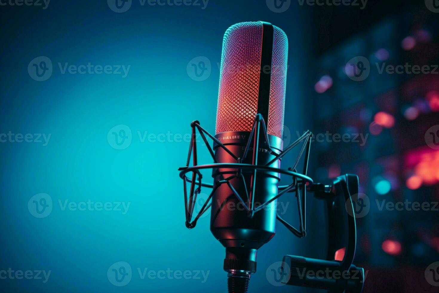 ai généré 3d rainure studio microphone bannière illuminé par rouge et bleu photo