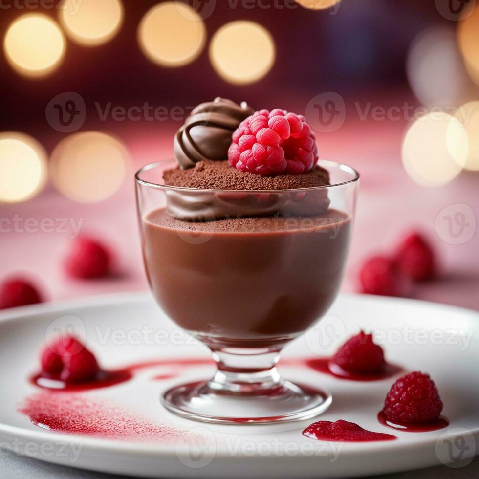 ai généré dessert Chocolat mousse air avec framboise Coulis. ai génératif photo