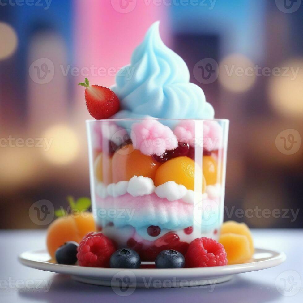 ai généré dessert, coton bonbons nuage parfait avec fruit compote. ai génératif photo