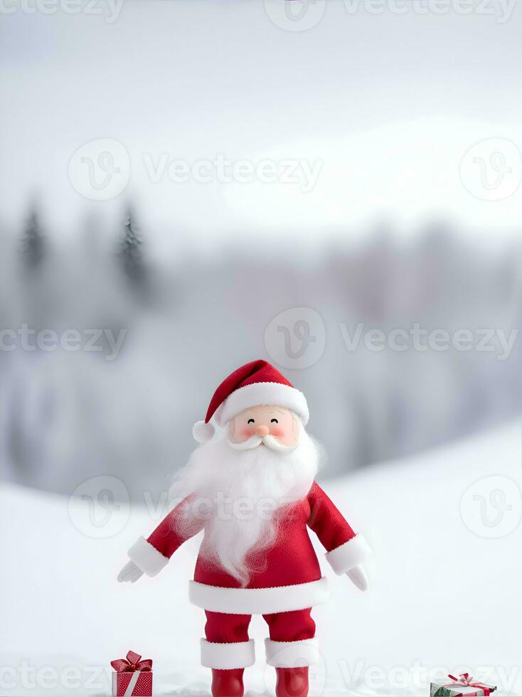 ai généré Père Noël claus poupée avec cadeaux sur le neigeux Montagne. ai génératif photo