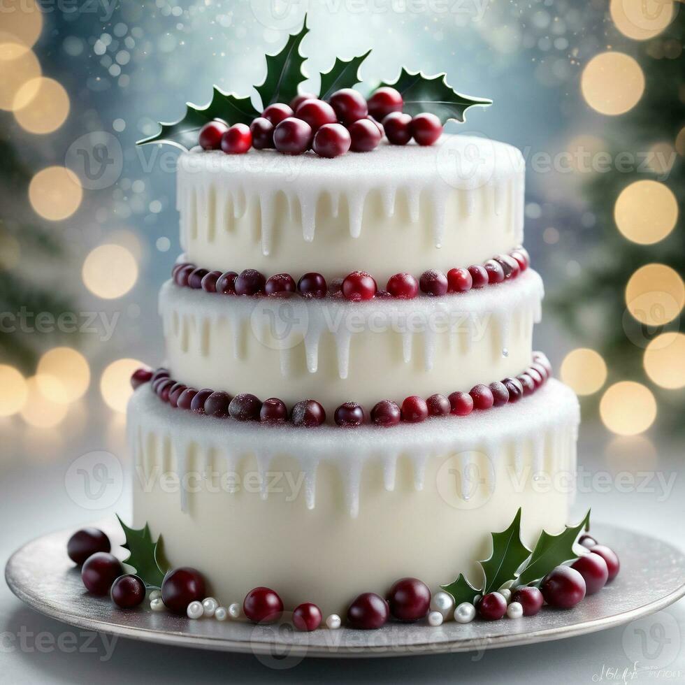 ai généré une Facile blanc gâteau orné avec en cascade sucré canneberges, houx feuilles, et une saupoudrage de comestible argent ou perle miroiter. ai génératif photo