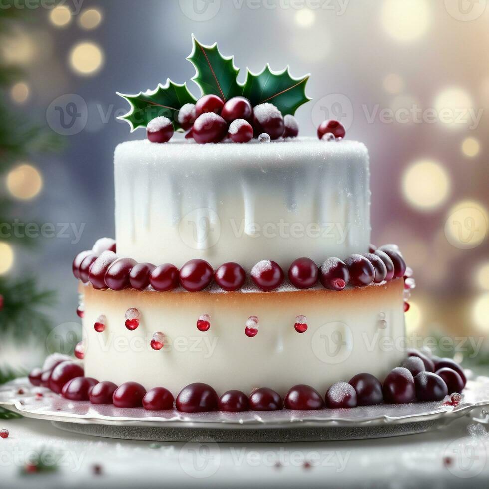 ai généré une Facile blanc gâteau orné avec en cascade sucré canneberges, houx feuilles, et une saupoudrage de comestible argent ou perle miroiter. ai génératif photo