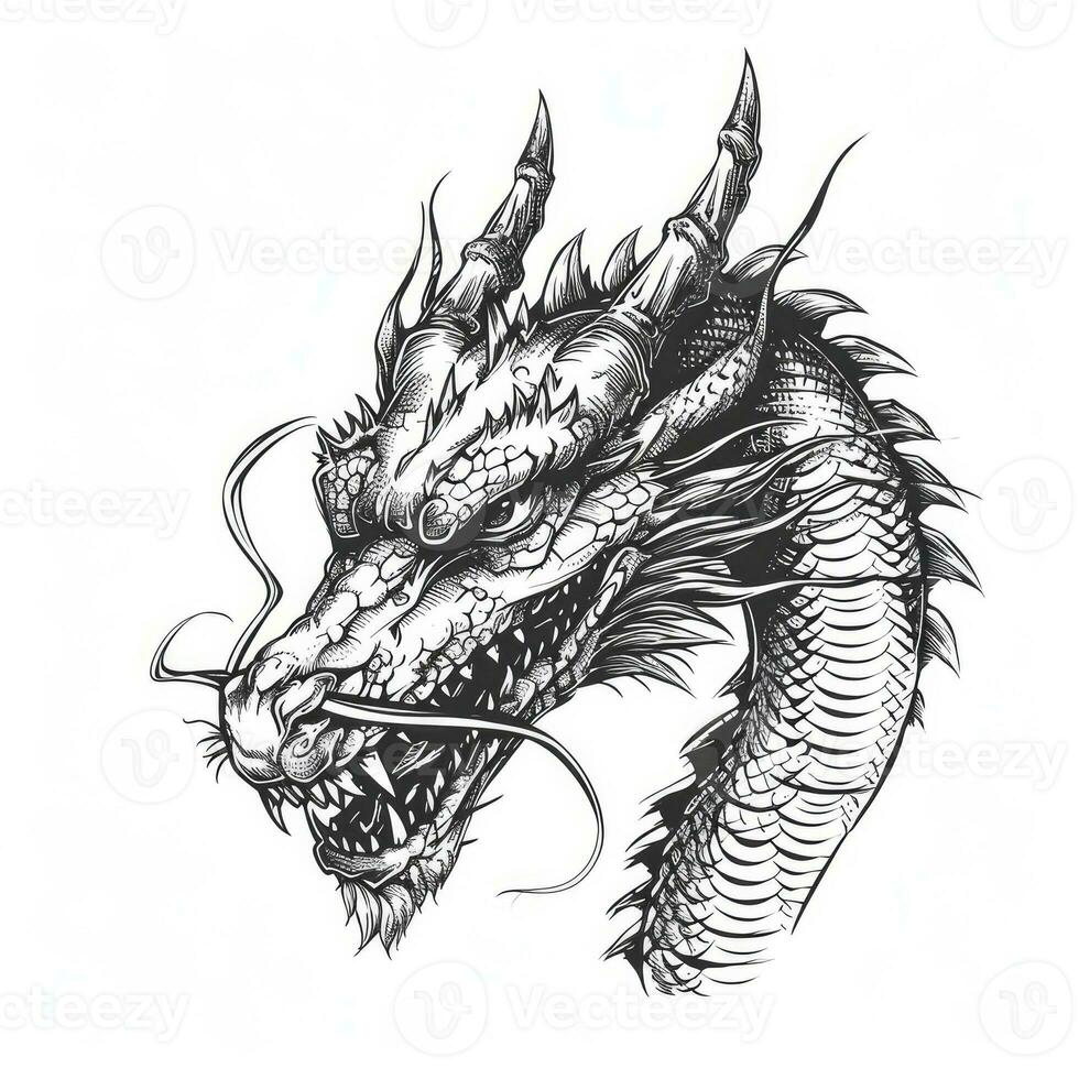 ai généré noir et blanc ligne dessin Facile logo Japonais à trois yeux dragon diriger. photo