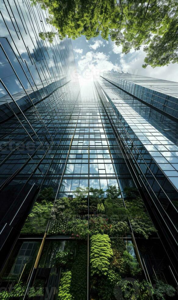 ai généré réaliste photo de une verticale jardin gratte-ciel, verre Bureau bâtiment la tour, moderne bâtiment.