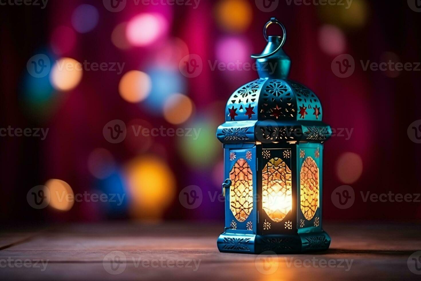 ai généré eid décoratif traditionnel les lampes sur coloré bokeh Contexte photo