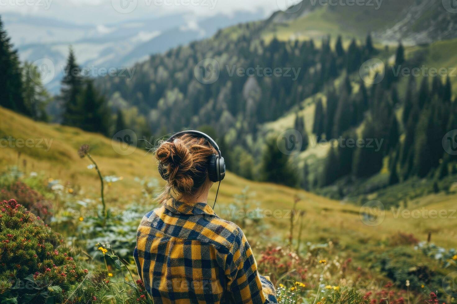 ai généré retour vue femme dans écouteurs écoute la musique dans le montagnes. photo