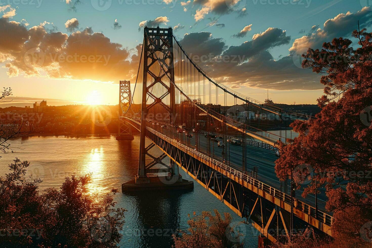 ai généré d'or heure photo de le pont avec spectaculaire éclairage professionnel la photographie