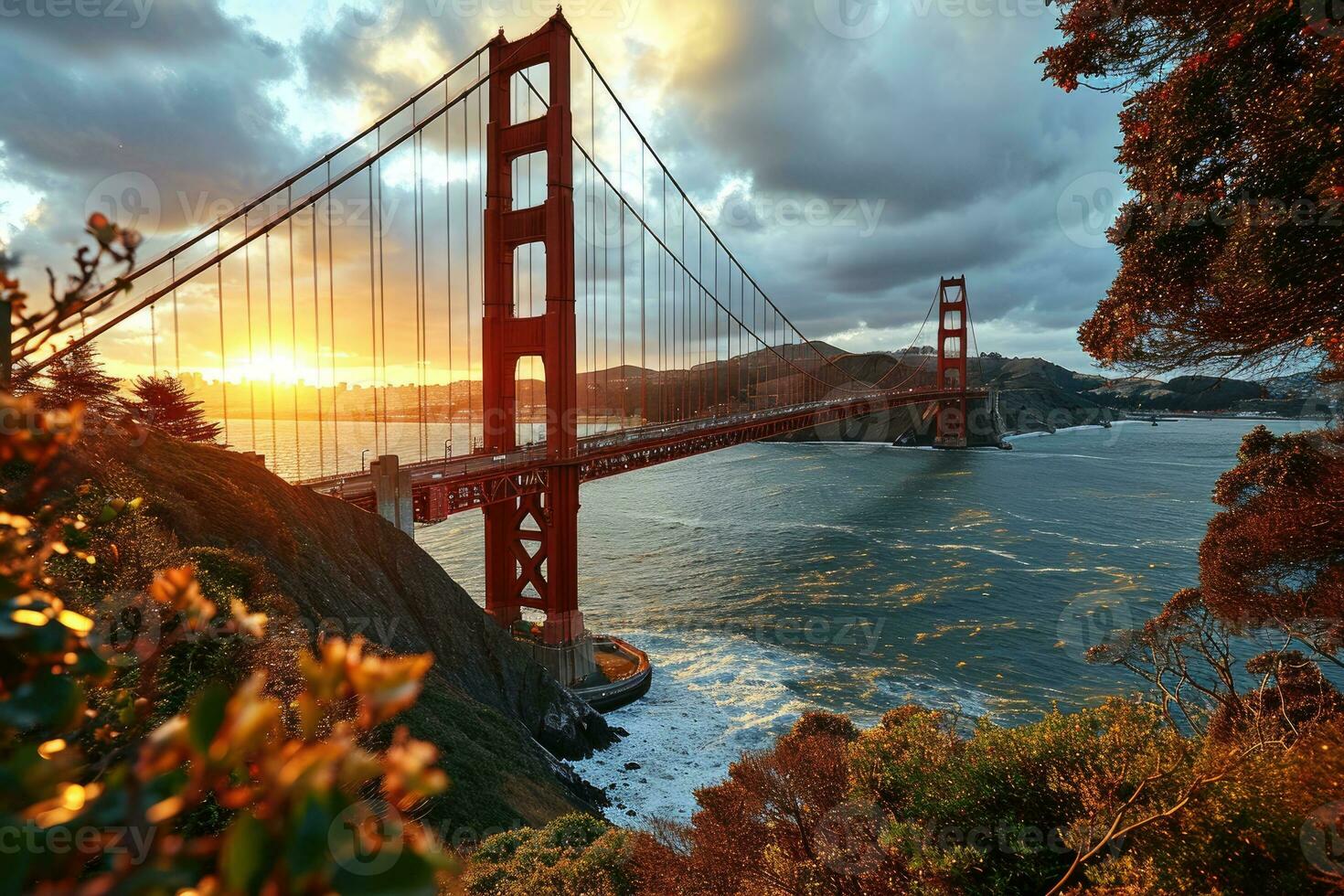 ai généré d'or heure photo de le pont avec spectaculaire éclairage professionnel la photographie