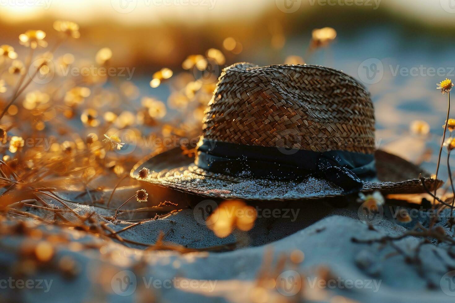 ai généré paille chapeau sur le le sable plage professionnel la photographie photo