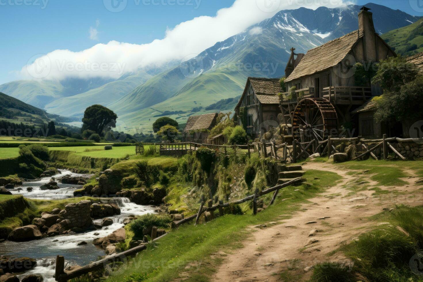 ai généré en bois maison à le pied de le Montagne professionnel la photographie photo