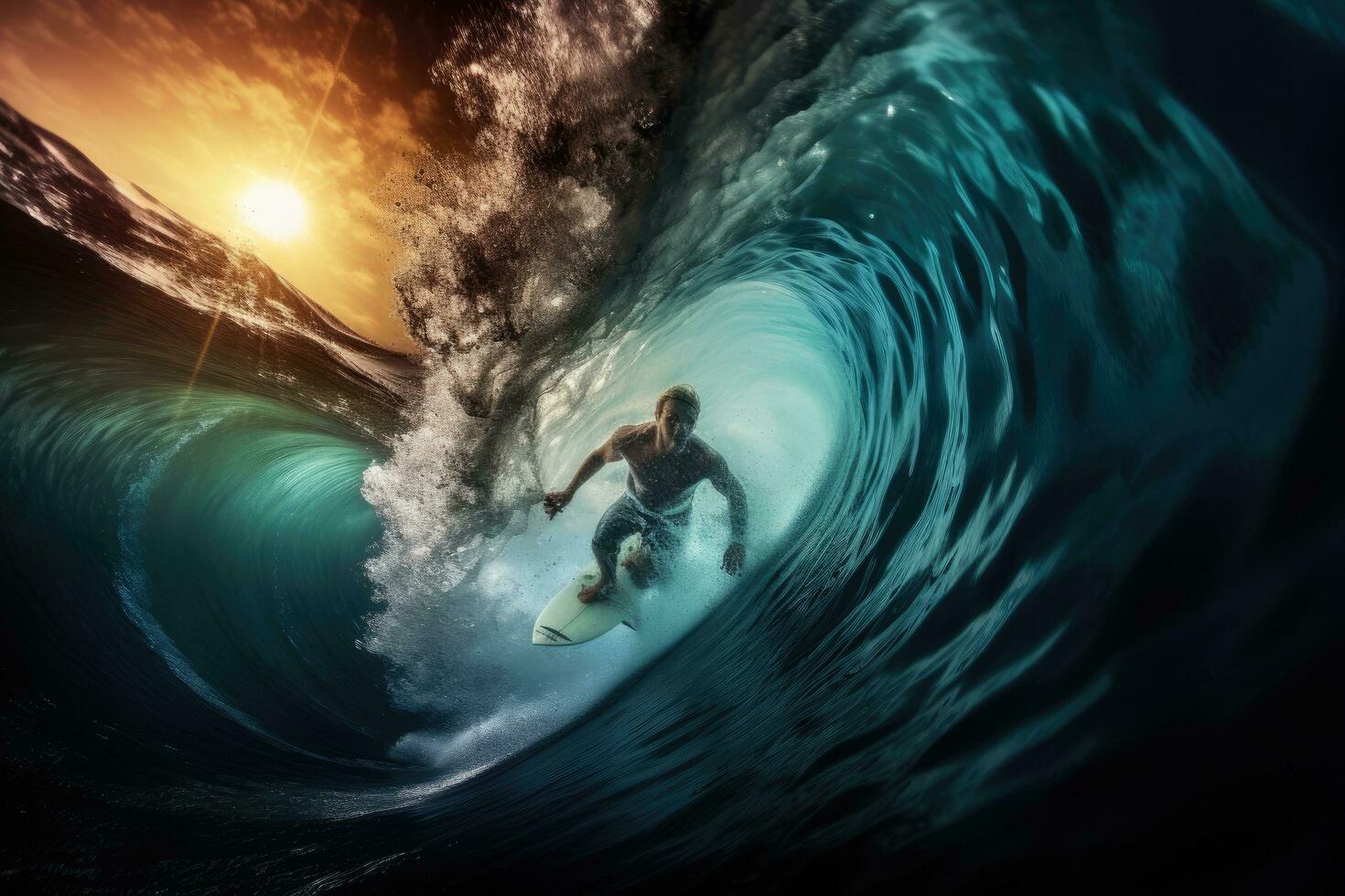 ai généré surfeur sur une planche de surf dans le océan. 3d le rendu, un sous-marin la perspective de une surfeur équitation une vague, ai généré photo