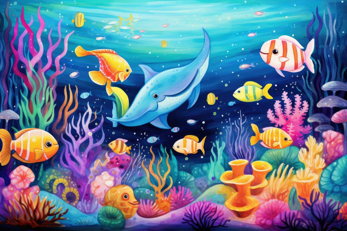 ai généré sous-marin scène avec coraux, des poissons et algues. vecteur illustration, un sous-marin scène rempli avec mignon, souriant mer créatures et coraux dans vibrant couleurs, ai généré photo