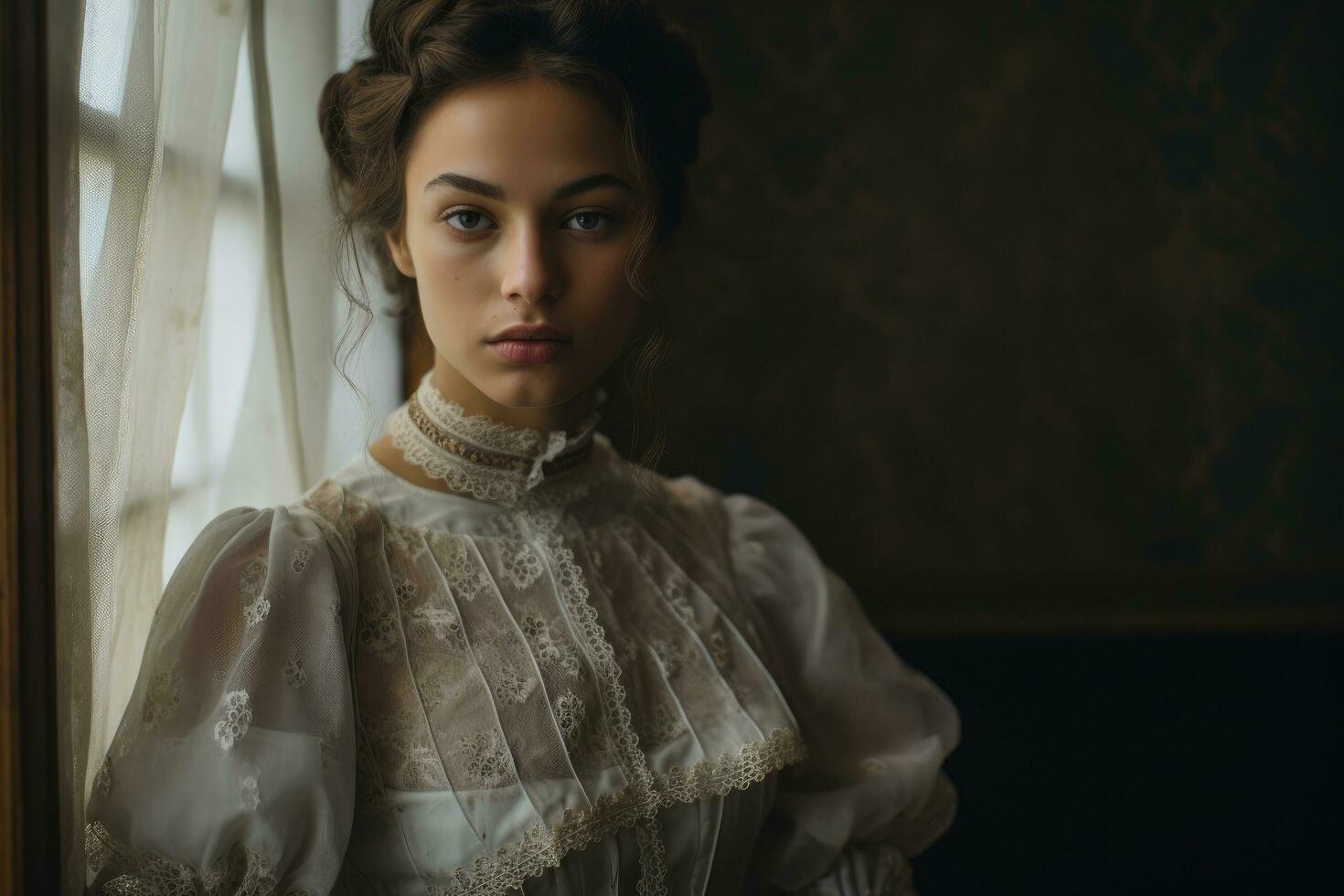 ai généré portrait de une magnifique brunette femme dans une ancien robe, un intime portrait de une femme dans une victorien robe, ai généré photo