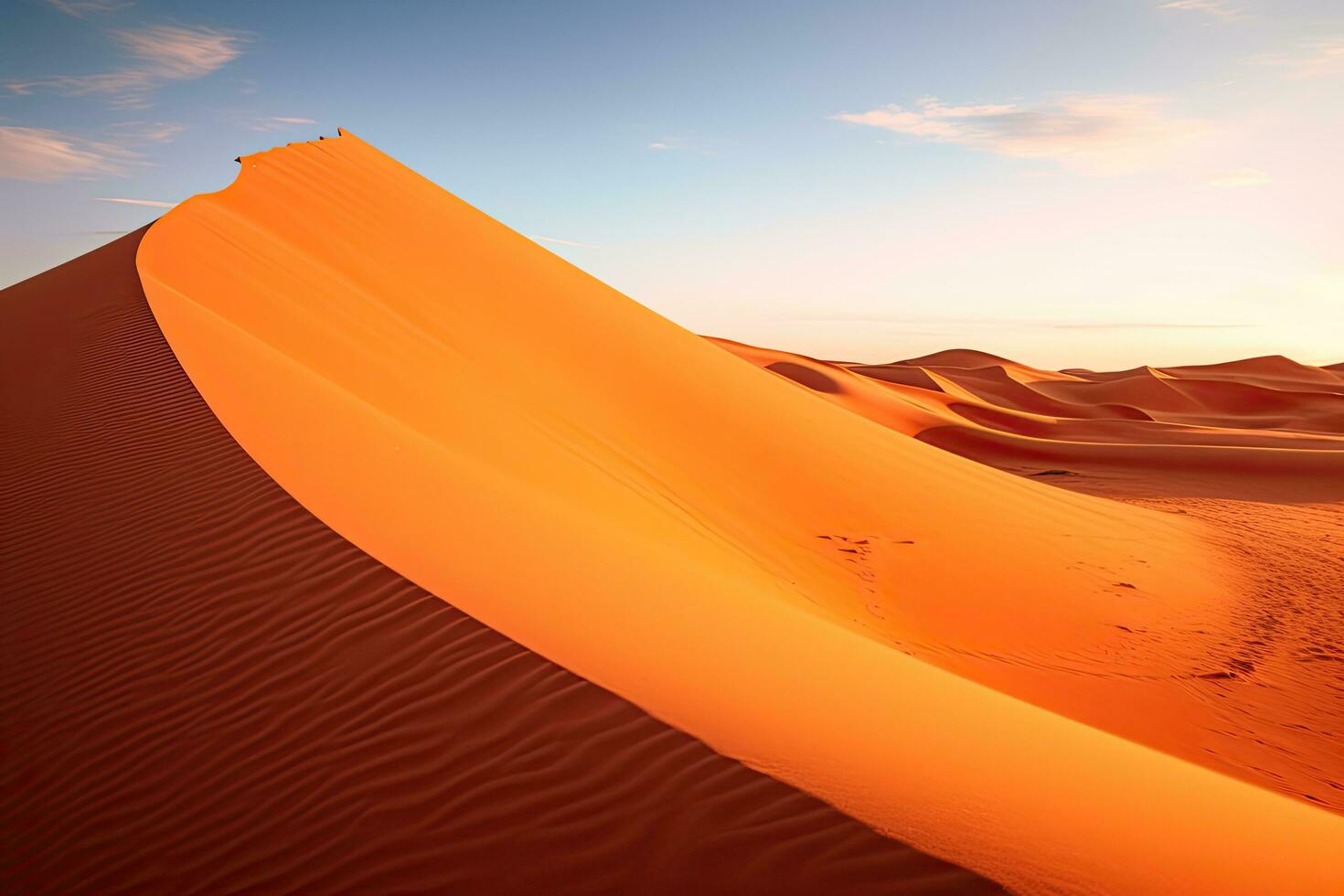 ai généré désert le sable dunes à le coucher du soleil. 3d rendre illustration, ai généré photo